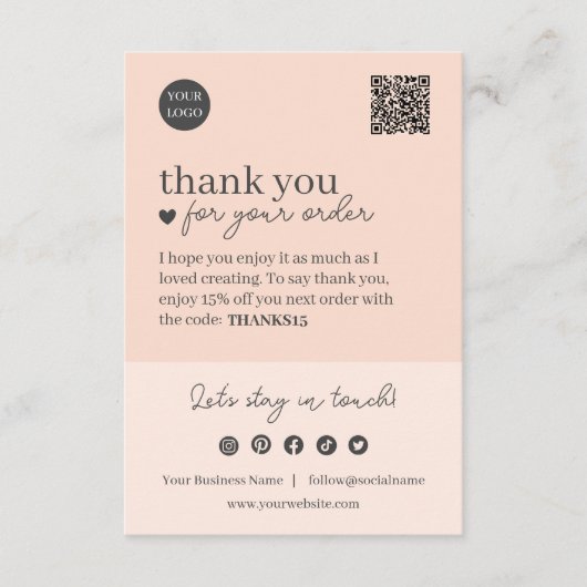 Peach Modern Script QR-code, dank u zakelijk Informatiekaartje (Voorkant)
