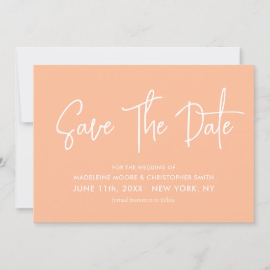 Peach Moderne Kalligrafie Scannable QR Code Bruilo Save The Date (Voorkant)