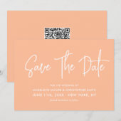Peach Moderne Kalligrafie Scannable QR Code Bruilo Save The Date (Voorkant / Achterkant)