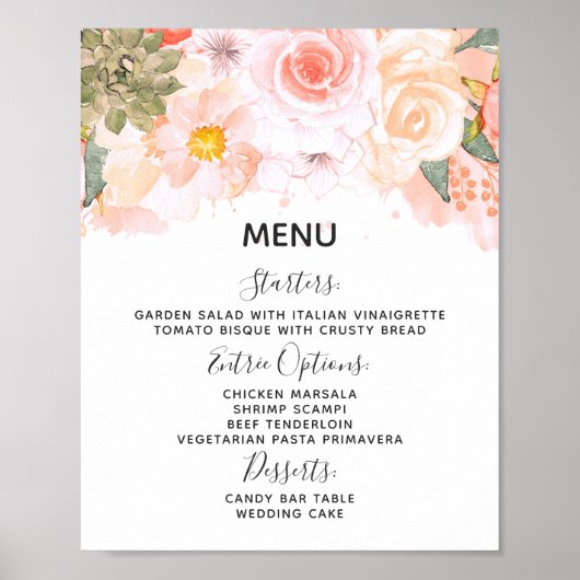 Peach & Munt Succulents Wedding Menu Table Sign Poster (Voorkant)