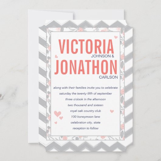 Peach Navy and Grey Zig Zag Typography Wedding Kaart (Voorkant)