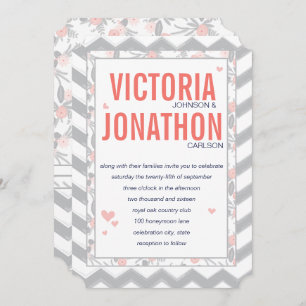 Peach Navy and Grey Zig Zag Typography Wedding Kaart