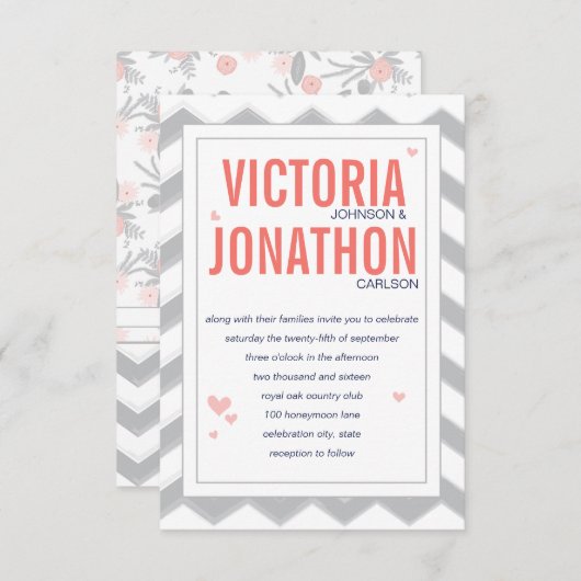 Peach Navy and Grey Zig Zag Typography Wedding Kaart (Voorkant / Achterkant)