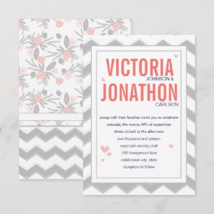 Peach Navy and Grey Zig Zag Typography Wedding Kaart