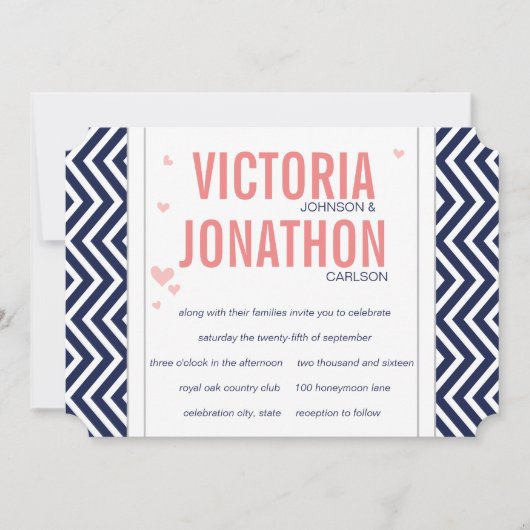 Peach Navy and Grey Zig Zag Typography Wedding Kaart (Voorkant)