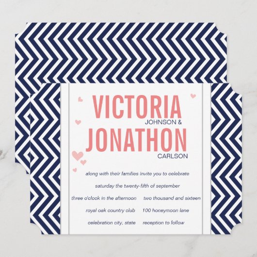 Peach Navy and Grey Zig Zag Typography Wedding Kaart (Voorkant / Achterkant)