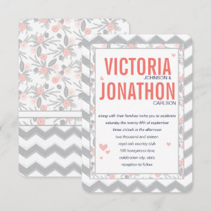 Peach Navy and Grey Zig Zag Typography Wedding Kaart