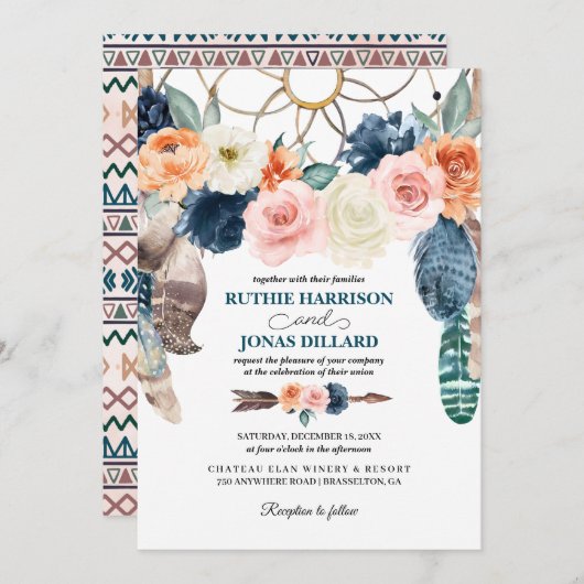 Peach Navy Boho Dreamcatcher Huwelijksuitnodiging Kaart (Voorkant / Achterkant)