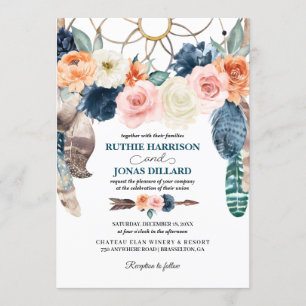 Peach Navy Boho Dreamcatcher Huwelijksuitnodiging Kaart