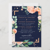 Peach Navy Copper Floral Waterverf Foto Bruiloft Kaart (Voorkant)