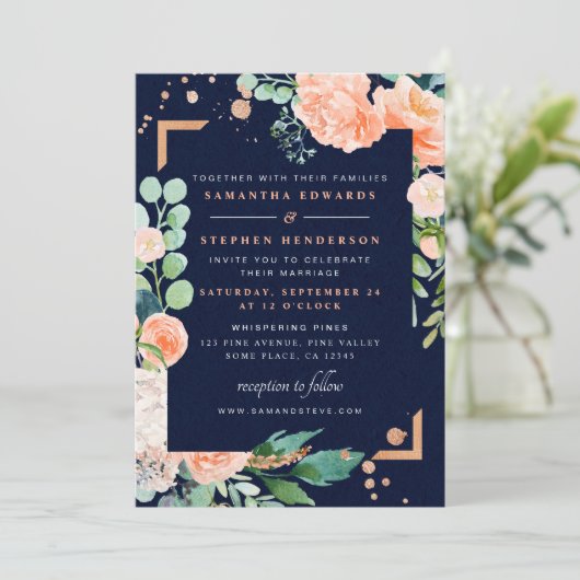 Peach Navy Copper Floral Waterverf Foto Bruiloft Kaart (Staand voorkant)