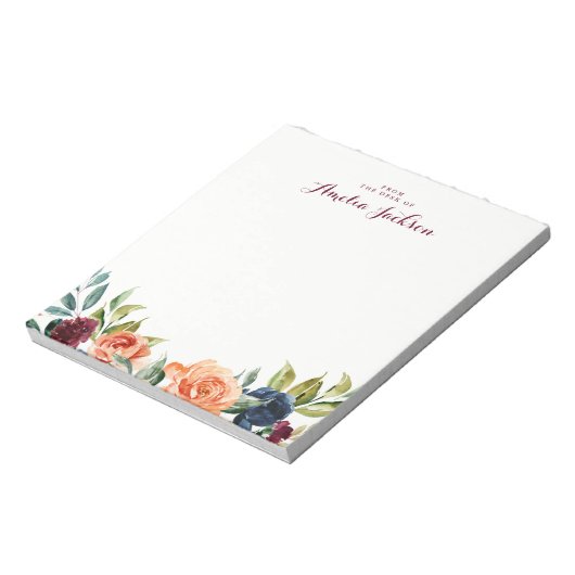 Peach Navy Floral Personalized Notepad Stationery Notitieblok (Linkerzijde)