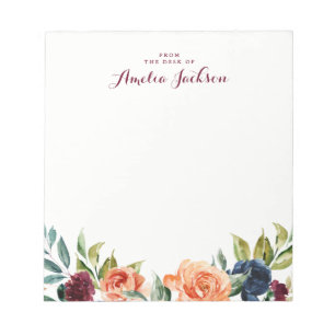 Peach Navy Floral Personalized Notepad Stationery Notitieblok