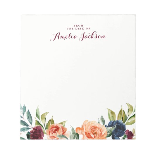 Peach Navy Floral Personalized Notepad Stationery Notitieblok (Voorkant)