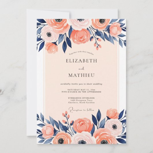 Peach Navy Illustrative Spring Wedding Kaart (Voorkant)