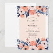 Peach Navy Illustrative Spring Wedding Kaart (Voorkant / Achterkant)