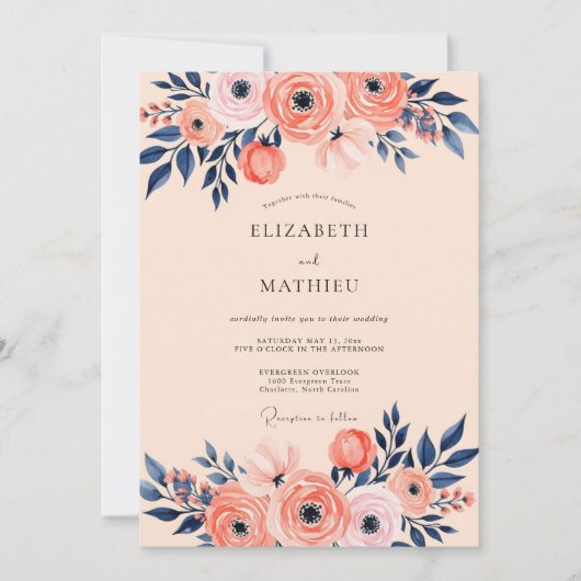 Peach Navy Romantic Spring Wedding Kaart (Voorkant)