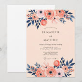 Peach Navy Romantic Spring Wedding Kaart (Voorkant / Achterkant)