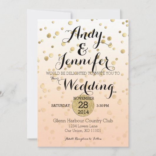 Peach ombré & Gold Confetti Wedding Invitation Kaart (Voorkant)