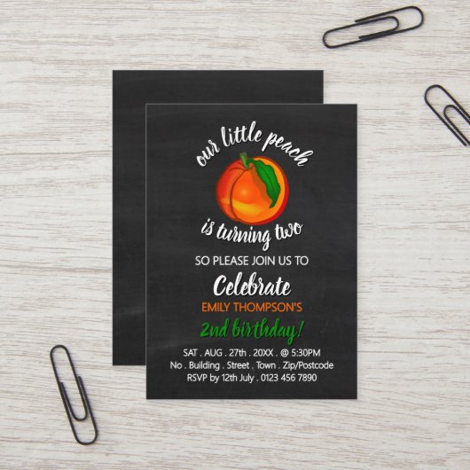 Peach, onze kleine perzik, verjaardagskaartjes visitekaartje (Voorkant / Achterkant in situ)