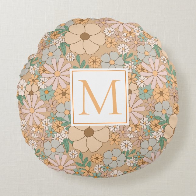 Peach Oranje Floral | Monogram doorgeven Rond Kussen (Voorkant)