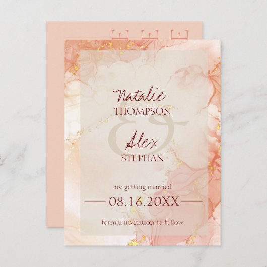 Peach Oranje Gold Marble Effect Elegant Wedding Aankondigingskaart (Voorkant / Achterkant)