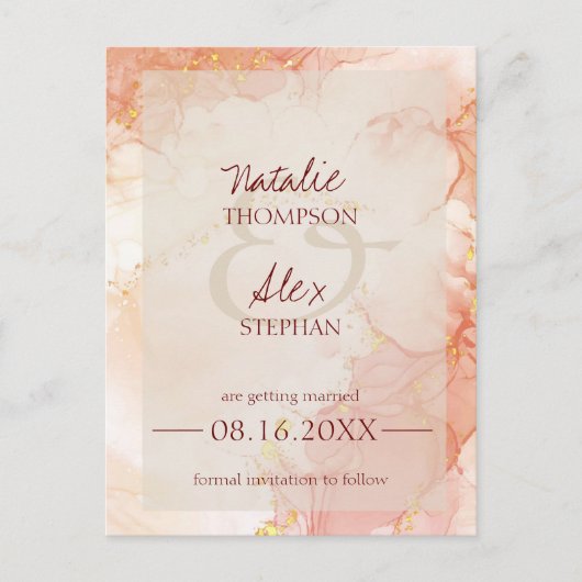 Peach Oranje Gold Marble Effect Elegant Wedding Aankondigingskaart (Voorkant)