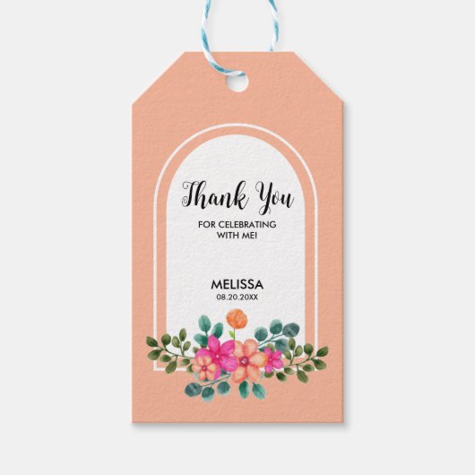 Peach Oranje lente Flora groen dank u Cadeaulabel (Voorkant)