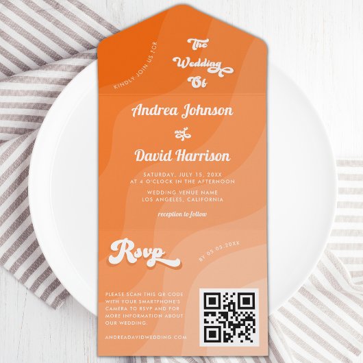 Peach Oranje Retro Wave Groovy 70s QR Code Wedding All In One Uitnodiging