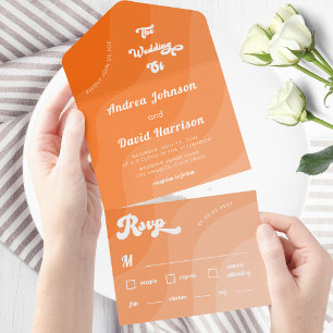 Peach Oranje Retro Waves 70s Typography Wedding All In One Uitnodiging