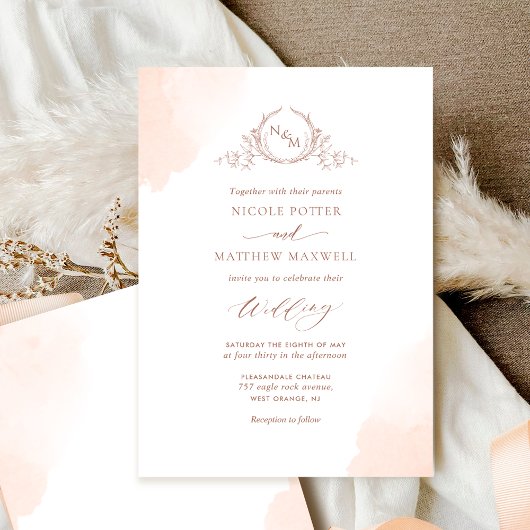 Peach Oranje Waterverf Stains Monogram Weddenschap Kaart