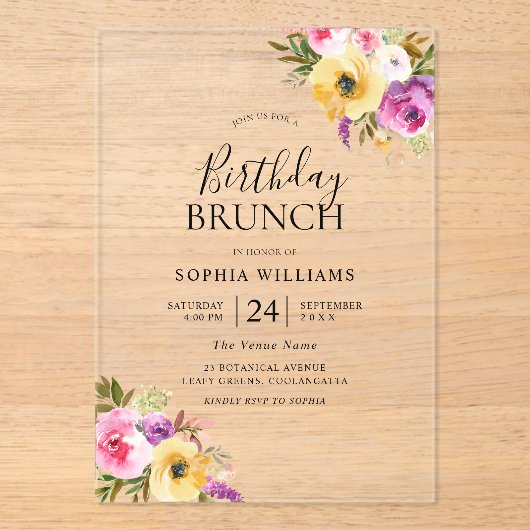 Peach Paars Blush Womans Birthday Party Brunch Acryl Uitnodigingen (Voorkant)