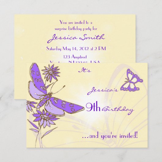 Peach Paars Butterfly RSVP-kaart Kaart (Voorkant / Achterkant)