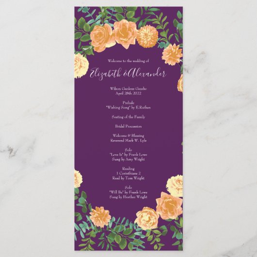 Peach Paars Wedding Floral Rozen Menu (Voorkant)