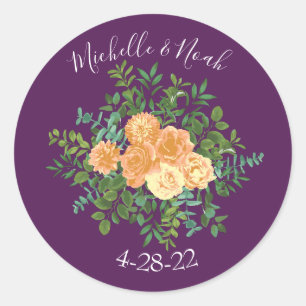 Peach Paars Wedding Floral Rozen Ronde Sticker