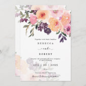 Peach paarse florals moderne huwelijksuitnodiging kaart (Voorkant / Achterkant)