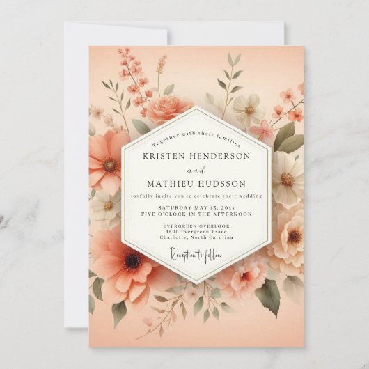 Peach Painterly Bloom Wedding Kaart (Voorkant)
