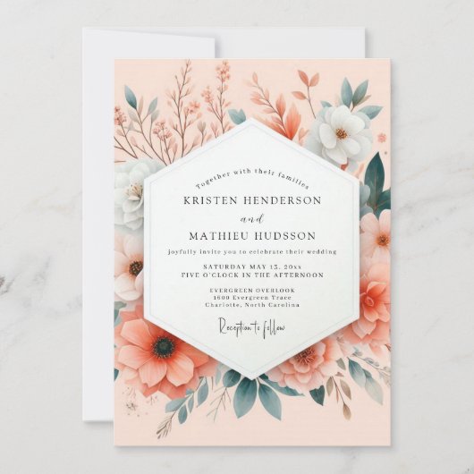 Peach Painterly Botanical Wedding Kaart (Voorkant)