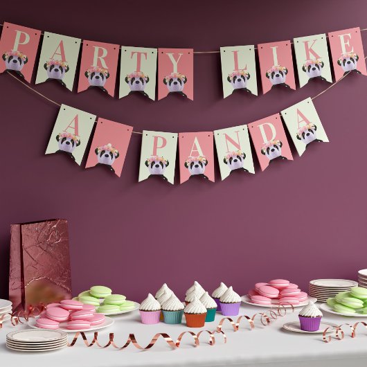 Peach Panda Kids Verjaardagsfeest Bunting Flags Vlaggetjes