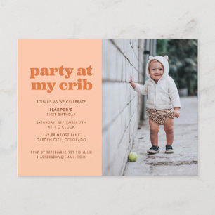 Peach party in My Wieg 1st Birthday Party Invitati Briefkaart