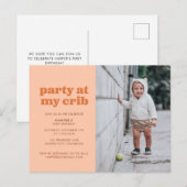 Peach party in My Wieg 1st Birthday Party Invitati Briefkaart (Voorkant / Achterkant)