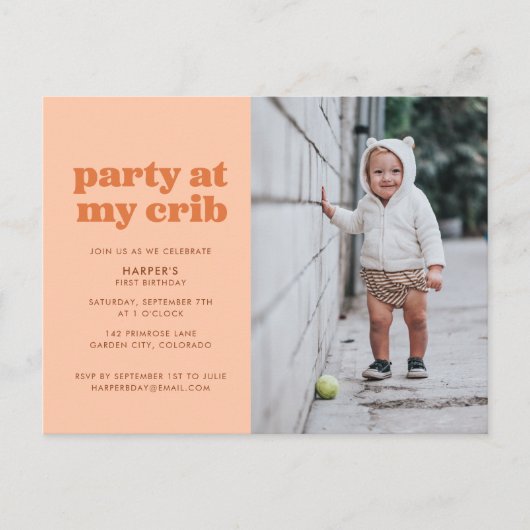 Peach party in My Wieg 1st Birthday Party Invitati Briefkaart (Voorkant)