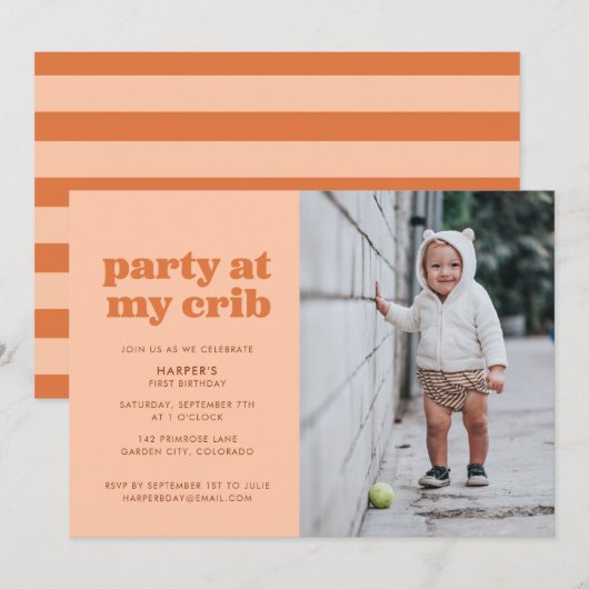 Peach party in My Wieg 1st Birthday Party Kaart (Voorkant / Achterkant)