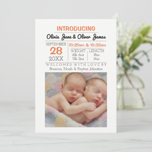 Peach Pattern Foto Baby Aankondiging (Staand voorkant)