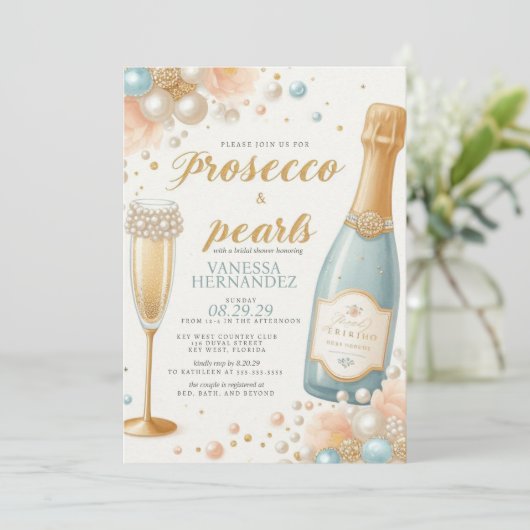 Peach Pearls en Prosecco Vrijgezellenfeest Kaart (Staand voorkant)