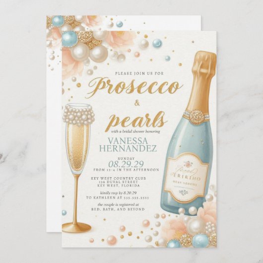 Peach Pearls en Prosecco Vrijgezellenfeest Kaart (Voorkant / Achterkant)