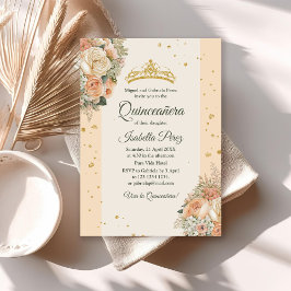 Peach Peonies en Glitter Tiara Quinceanera Invite Kaart