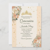 Peach Peonies en Glitter Tiara Quinceanera Invite Kaart (Voorkant)