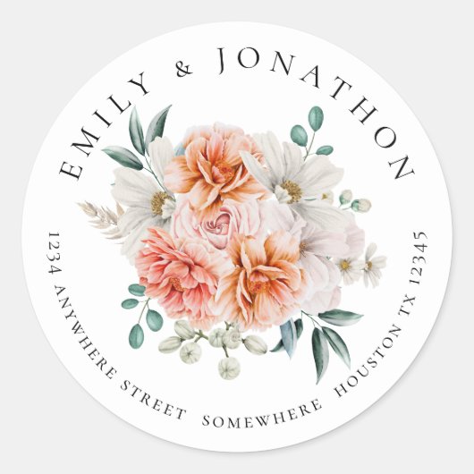 Peach Peonies Florals Return Name Address Ronde Sticker (Voorkant)