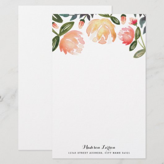 Peach Peonies Personalized Stationery Briefpapier (Voorkant / Achterkant)